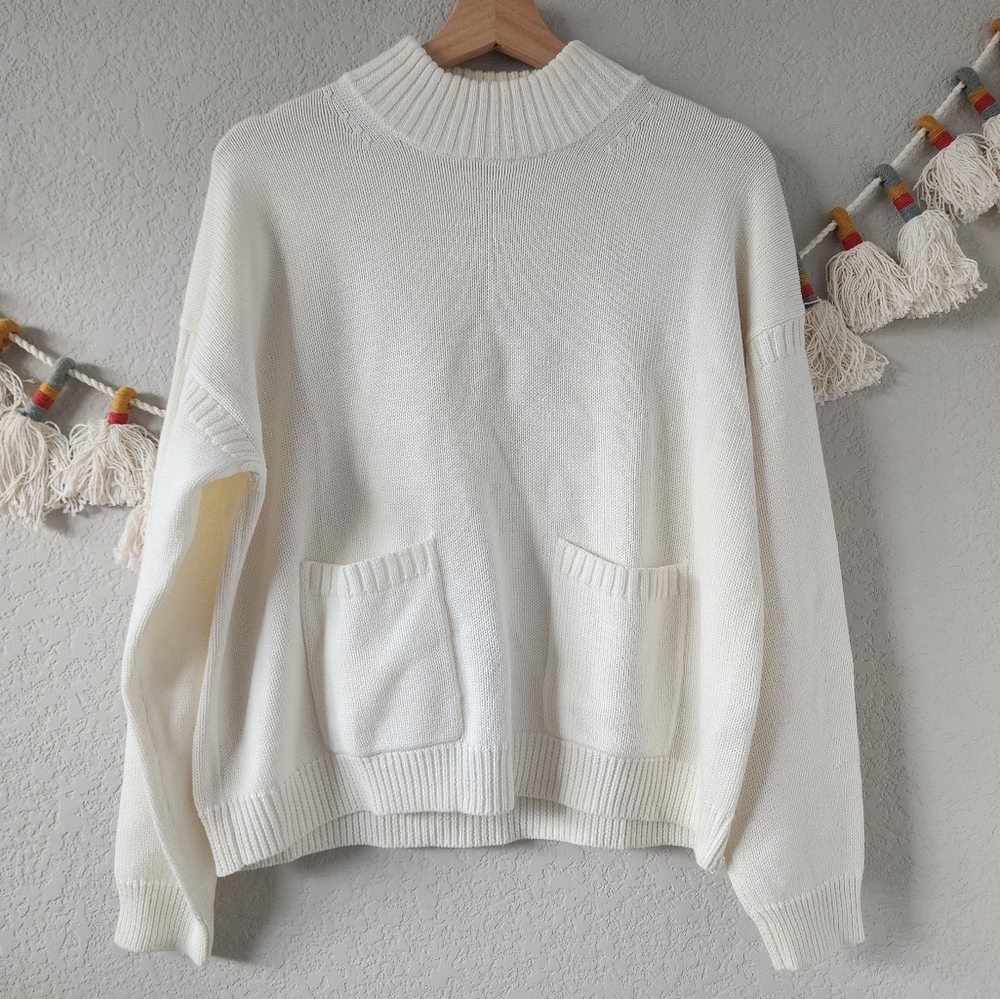 J. Crew Cream Knit Crewneck Sweater with Front Pockets